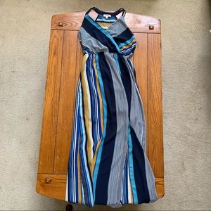 Monteau Navy Blue and Yellow Striped Maxi Dress Racerback Large